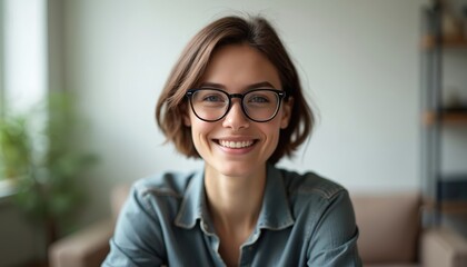 Young woman in eyeglasses smiles directly at camera. Indoor portrait of happy, cheerful female with short hair, wearing glasses. Professional look, modern style, good mood.