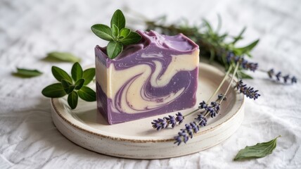 Promotional photo of a soap with marjoram and lavender on a light background. The soap is decorated with swirls of lavender and marjoram. Marjoram leaves and lavender twigs are nearby.