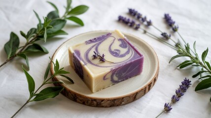 Promotional photo of a soap with marjoram and lavender on a light background. The soap is decorated with swirls of lavender and marjoram. Marjoram leaves and lavender twigs are nearby.