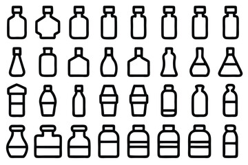 Set of 30 outline icons related to bottles. Vector illustration. Editable stroke. Linear icon collection. Collection of Hand-Drawn Beverage and Food Container Icons.