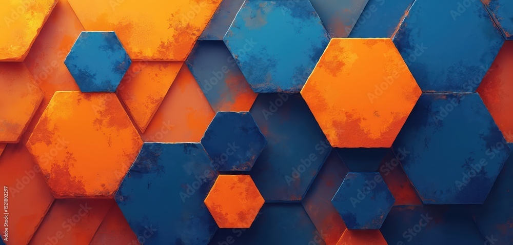 Aufkleber energetic abstract illustration features vibrant orange and blue geometric pattern. hexagons and tri