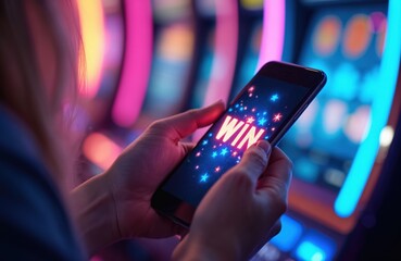 Woman holds smartphone displaying online casino win. Bright neon sign, stars. Gambling luck concept. Winning jackpot on mobile device. Entertainment app. Mobile phone, game, people win money.