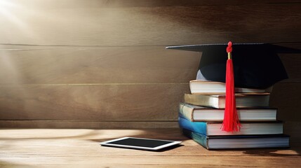 Stacks of books with a graduation cap adorned with a red tassel rest on a wooden table. A tablet lies nearby, illuminated by gentle light, suggesting a scholarly atmosphere