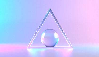 Holographic gradient triangle shape. Glowing ball, ultraviolet neon light, blank space. 3D rendering