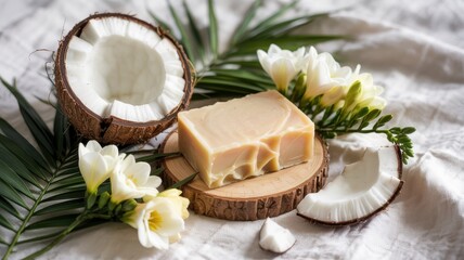 Promotional photo of soap with freesias and coconut. The soap is located among fresh freesia flowers and pieces of unprocessed coconut.