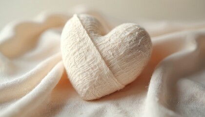 Heart shape wrapped in gauze bandage placed on textile surface. Medical symbol of love and care. Healing concept. Health, wellness, recovery, help, aid and treatment topics illustration.
