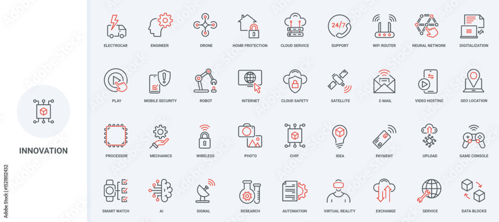 Poster tech innovation and ai services, digitalization line icon set. video hosting, support, robot and vir