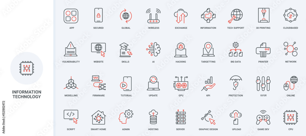 Poster information technology, big data and global network exchange, tech support line icon set. graphic de