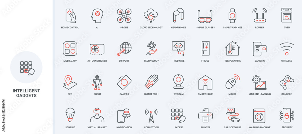 Poster smart gadgets for home, equipment with wireless control via mobile app line icon set. notification, 