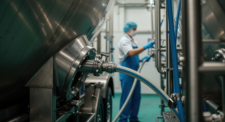 Stainless steel industrial equipment with blue hoses in modern dairy processing facility. Worker in background operating manufacturing machinery