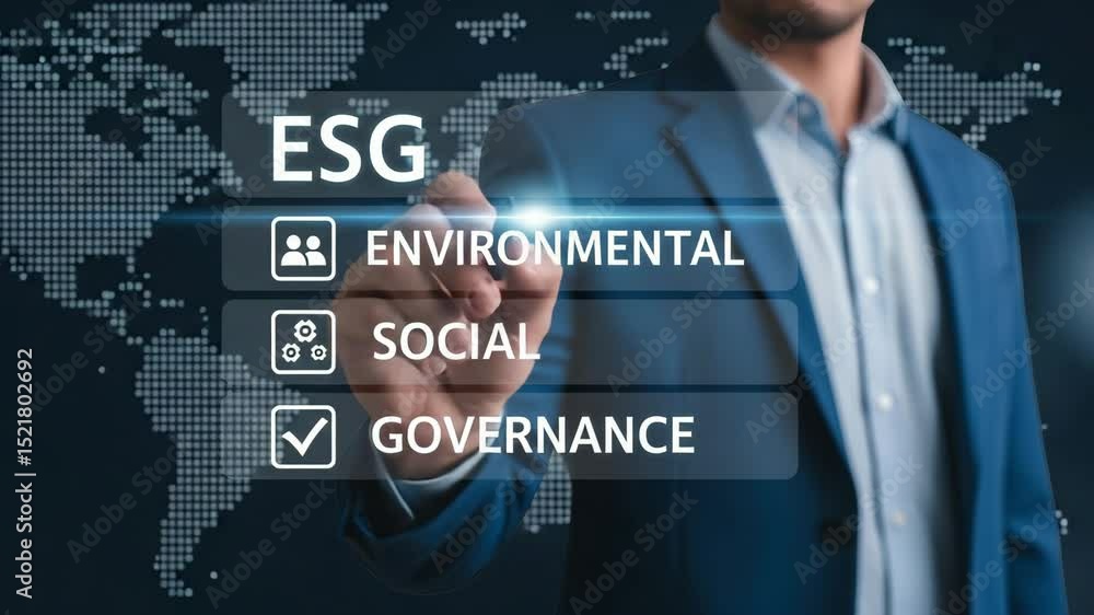 Aufkleber man in suit pointing at esg environmental social governance checklist on world map background