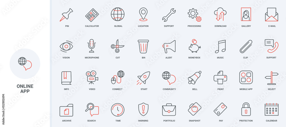 Poster online application tools for work and entertainment line icon set. mobile app search and customer se