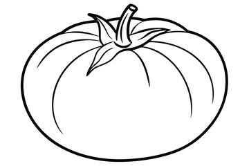Detailed Black and White Line Drawing of a Tomato with Stem and Sepals