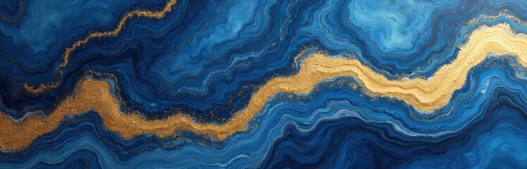 Abstract blue marble with gold background. Indigo ocean blue marbling with gold powder, luxurious texture. Modern design for art prints, digital, home decor, fashion, advertising.