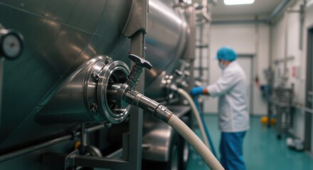 Stainless steel industrial equipment with hoses in modern pharmaceutical manufacturing facility. Worker in blue cap operating machinery background. Processing plant concept