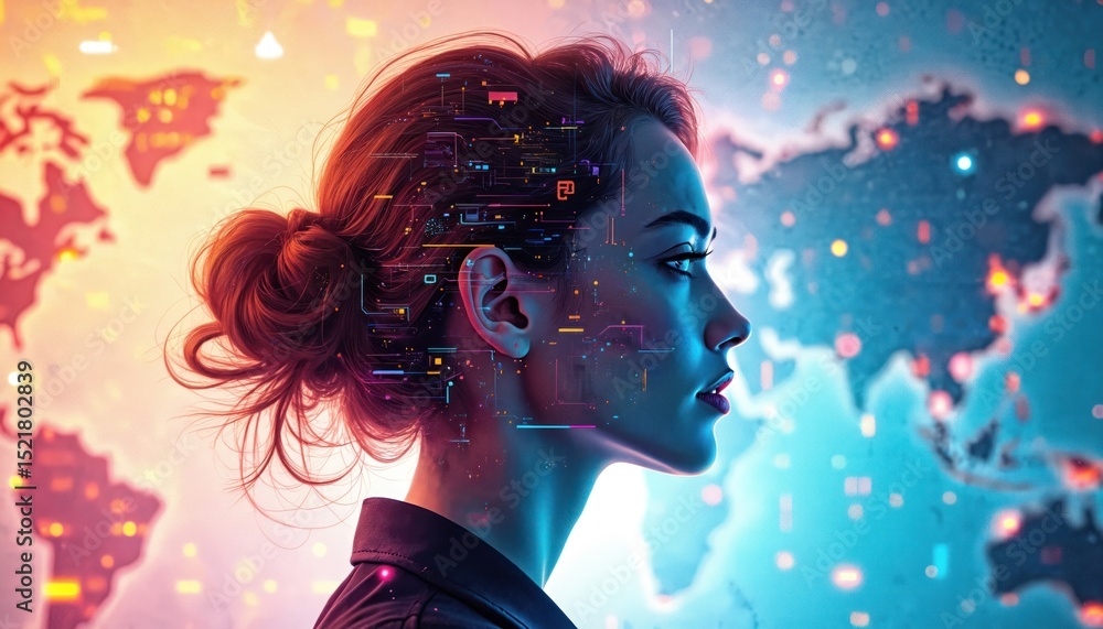 Poster Woman face profile with digital circuit patterns, world map background. AI-generated artwork technology, innovation, global networks in cyberspace. Creative illustration, ideal for digital concepts,