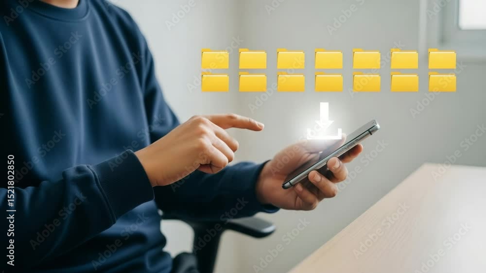 Poster Person using smartphone to download files from folders in a digital interface over a white table