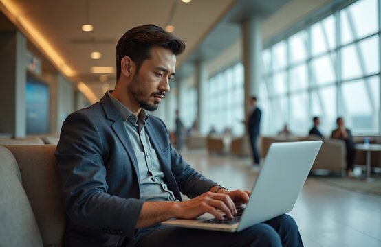 Focused businessman works on laptop in modern airport lounge. Professional wears stylish suit, concentrating on screen. Business travel, corporate setting with technology, networking. Executive