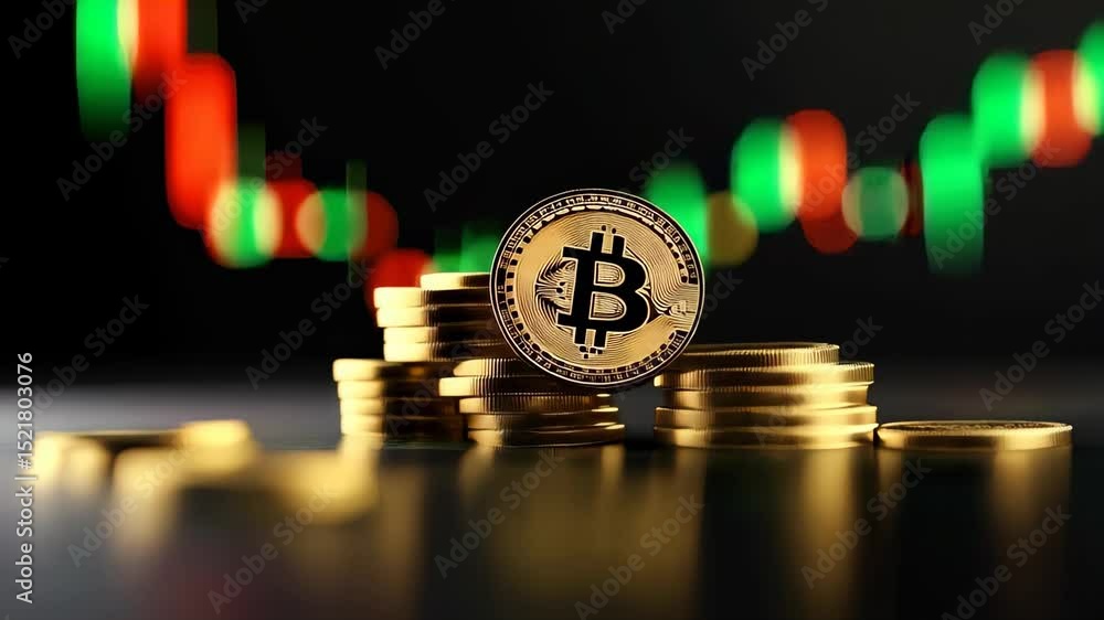 Poster dynamic cryptocurrency coins with rotating bitcoin medallion in motion