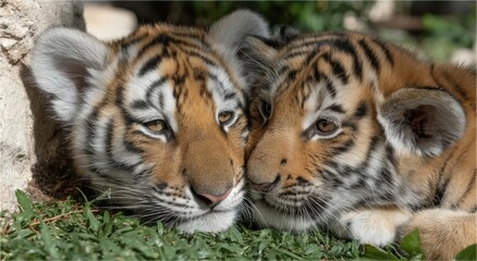 Obraz premium Two Young Tiger Cubs Cuddling on Green Grass, Showcasing Wildlife Conservation and Animal Protection Efforts : Generative AI