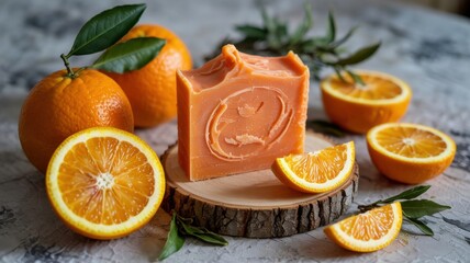 Promotional photo with orange soap with visible pieces of bergamot peel, beautifully complemented with fresh oranges and pieces of bergamot.