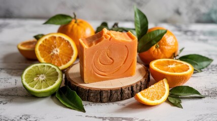 Promotional photo with orange soap with visible pieces of bergamot peel, beautifully complemented with fresh oranges and pieces of bergamot.