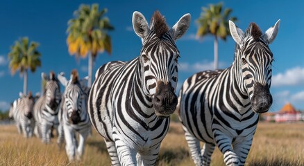 Naklejka premium Zebras Walking in a Row on the Savannah, Representing Wildlife Conservation and African Safari Tourism : Generative AI