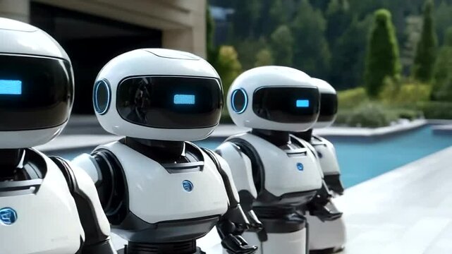 Four white robots in a row, facing forward, with glowing blue lights on their heads.  Stylish, futuristic design, standing outdoors by a pool