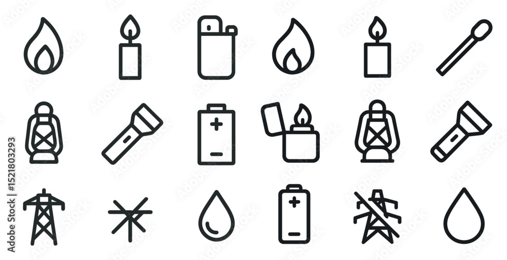 Poster minimalist icons of lighting and power sources for design projects