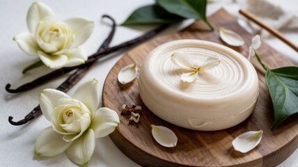 A promotional photo of a soap set against a background of gardenia flowers and vanilla sticks.