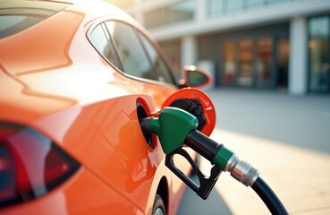 Close-up of orange spot color car being fueled at gas station. Fuel pump nozzle inserted into car fuel tank. Petrol filling, vehicle transportation, industry, energy, modern tech concept.