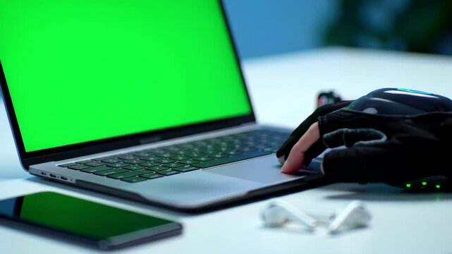 Laptop with a Green Screen for Chroma Keying and other devices on a White desk perfect for product placement and mockup use featuring a smartphone watch and earbuds
