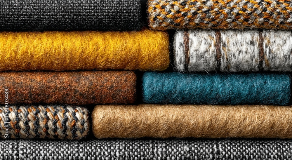 Aufkleber stack of colorful wool fabrics, demonstrating texture and textile design for fashion and interior de