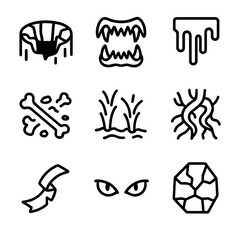 Fototapeta premium Abyssal Icon Set. Outline icon set of abyssal ingress: deep chasm, jagged maw, dripping ichor, bone debris, lava jets, twisted