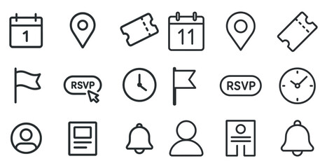 Event planning icons set for invitations and scheduling design