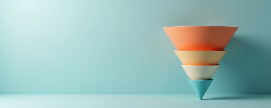 Funnel chart stages goal progression. Stages represent business development, marketing strategies. Funnel visualisation for planning, analytics, monitor performance, workflow process. Success,