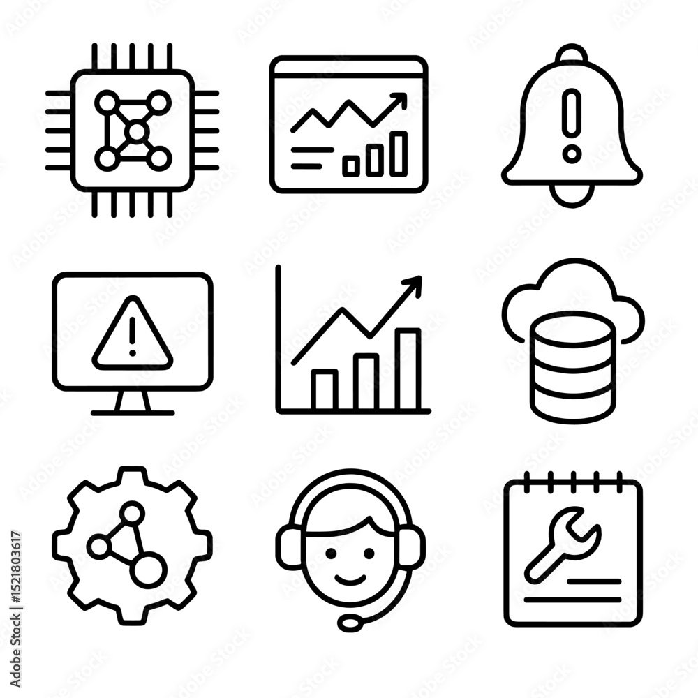 Aufkleber ai diagnostic icons. outline icon set of ai diagnostic systems: neural net chip, analytics dashboard