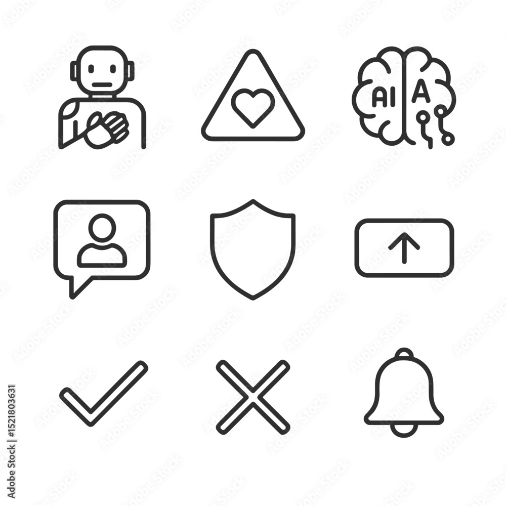 Poster ai moderation icons. outline icon set of ai moderation with empathy: robot hand over heart, warning 