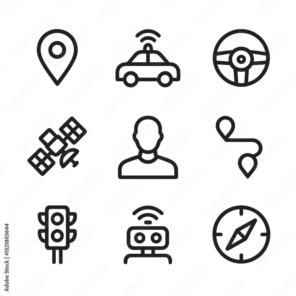 Poster ai navigation icon set. outline icon set of ai-guided navigation and transport: map pin, self-drivin