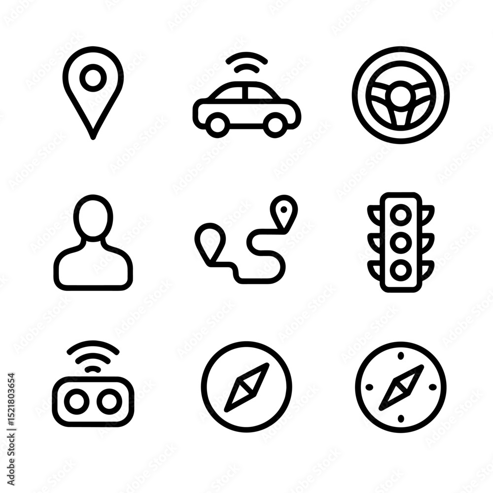 Poster ai navigation icon set. outline icon set of ai-guided navigation and transport: map pin, self-drivin