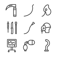 Airway Management Icons. Outline icon set of airway management: laryngoscope, stylet, bougie, cricothyrotomy kit, suction catheter