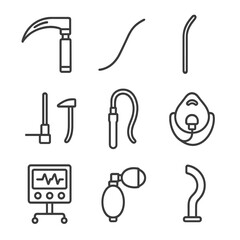 Airway Management Icons. Outline icon set of airway management: laryngoscope, stylet, bougie, cricothyrotomy kit, suction catheter