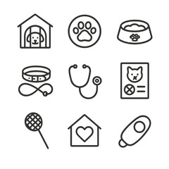 Animal Welfare Icons. Outline icon set of animal welfare service: shelter kennel, adoption paw print, food bowl, leash and collar,