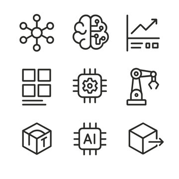 AI Icon Set. Outline icon set of artificial intelligence concepts: neural network node, brain circuit, machine learning chart,