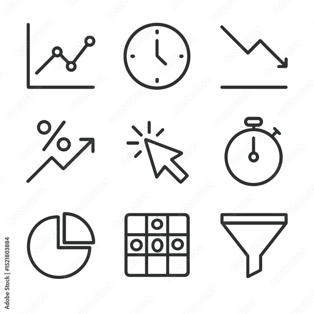 Poster audience analytics icons. outline icon set of audience analytics metrics: pageviews graph, time-on-p
