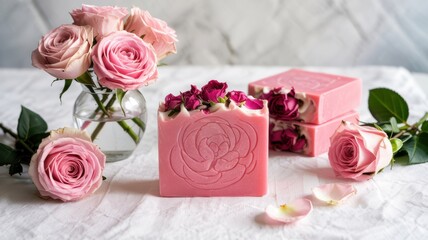 A promotional photo of the soap. The soap is pink in color with the addition of dried rose petals on a light background. Next to it is a vase with fresh roses.