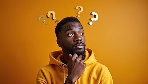 Thoughtful black man ponders questions with question marks above head. Puzzled expression on his face, dressed in yellow hoodie. Isolated on orange background. Concept of decision making, confusion.