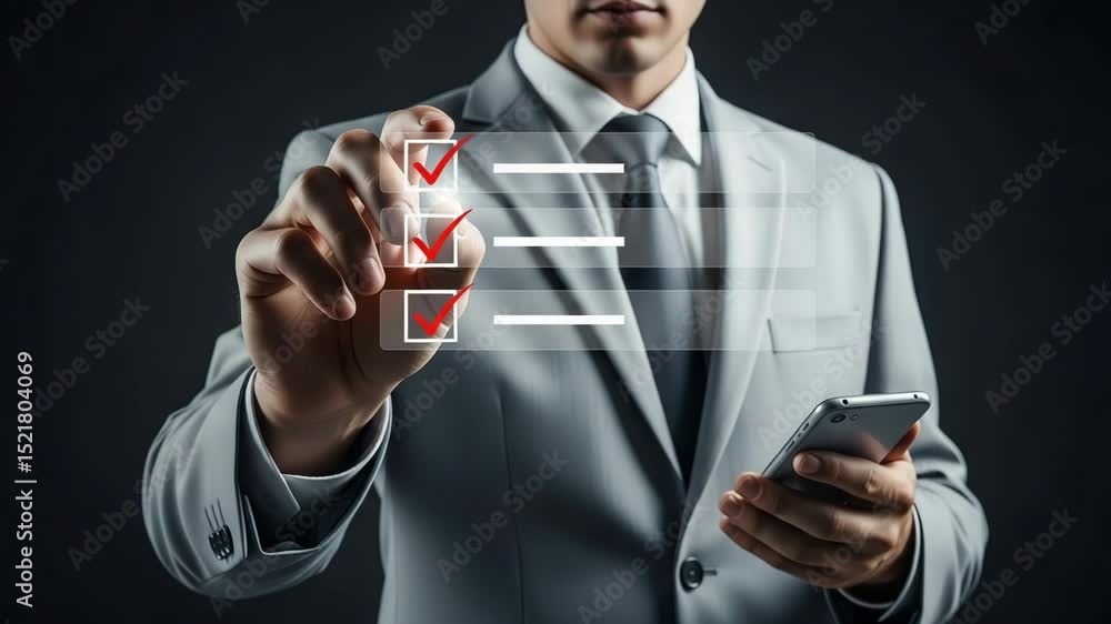 Aufkleber man in suit interacting with a digital checklist while holding a smartphone in his other hand