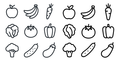 Outline icons of fruits and vegetables for healthy eating design