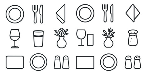 Dining essentials icons set with plates, cutlery, glasses, and napkin symbols